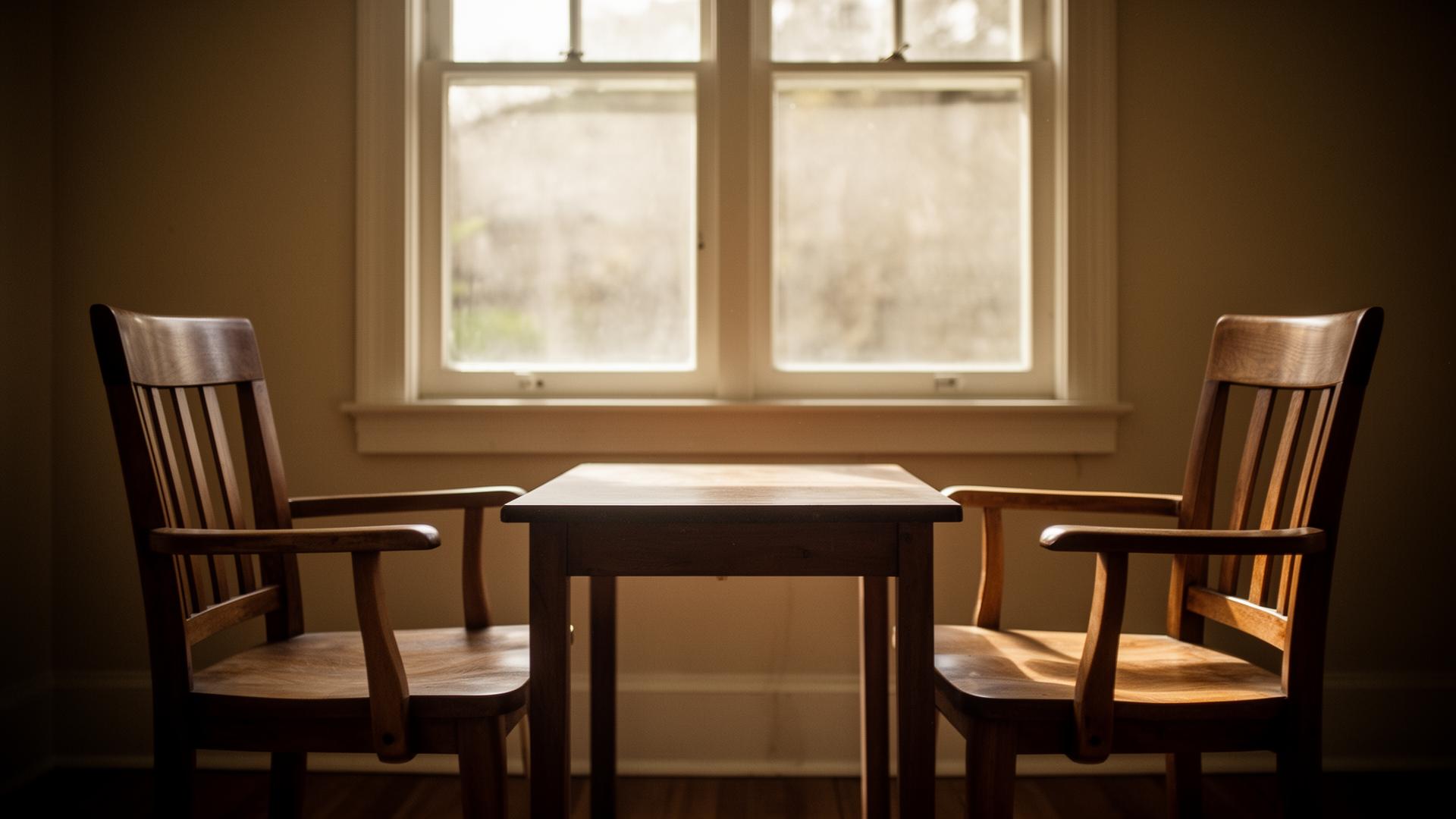 Zwei einladende Stühle an einem Tisch am Fenster